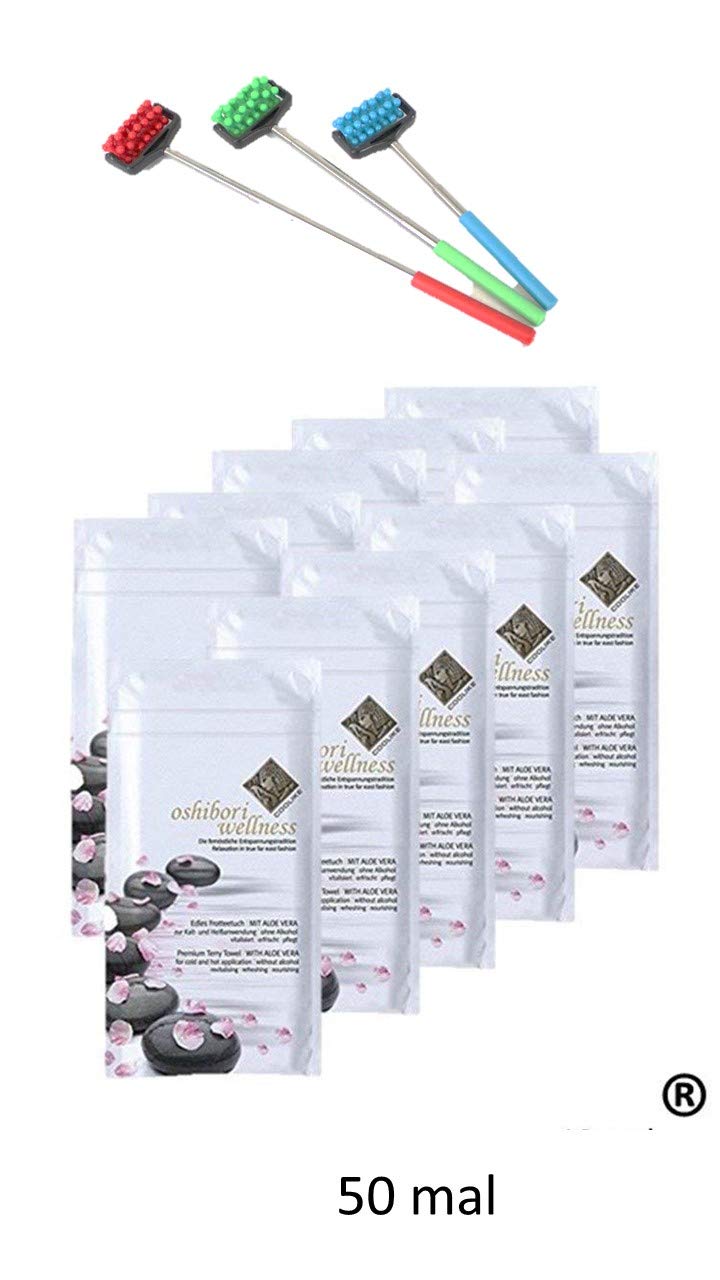 50 x Oshibori Wellness Frotteetuch Erfrischungstuch + einem Massageroller ausziehbar