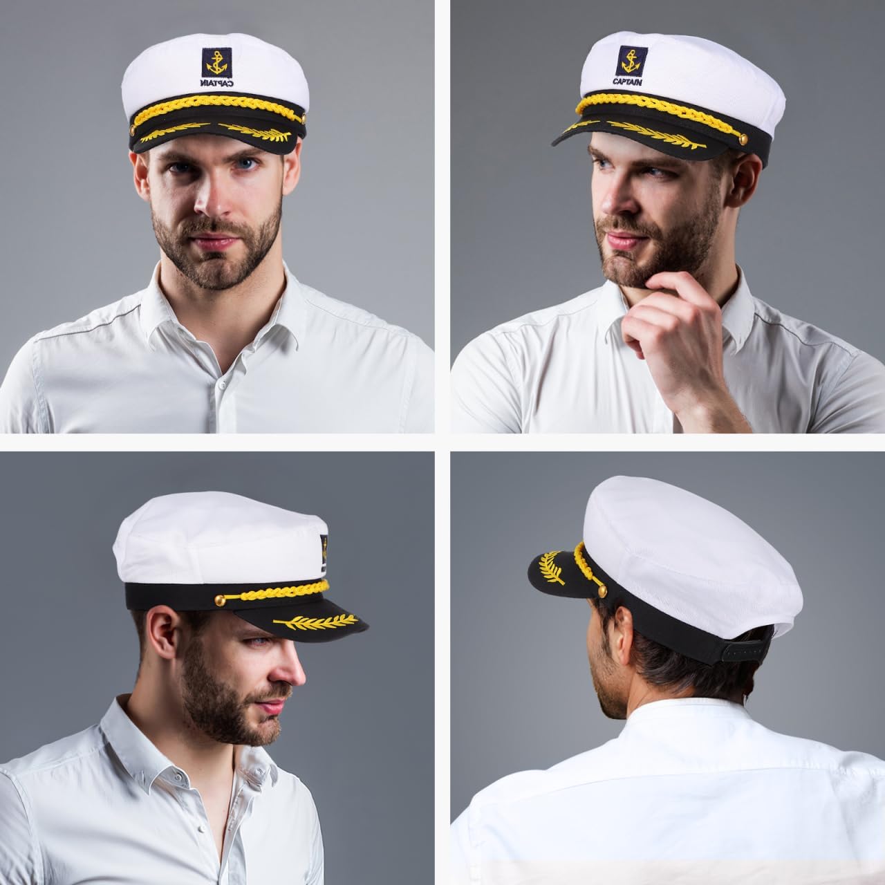 2-Pack White Sailor Captain Hat, Cotton-Vinyl, 22.8" Circumference, Adjustable 7-Hole Band, Lightweight for, Cosplay & Halloween, Unisex Adult