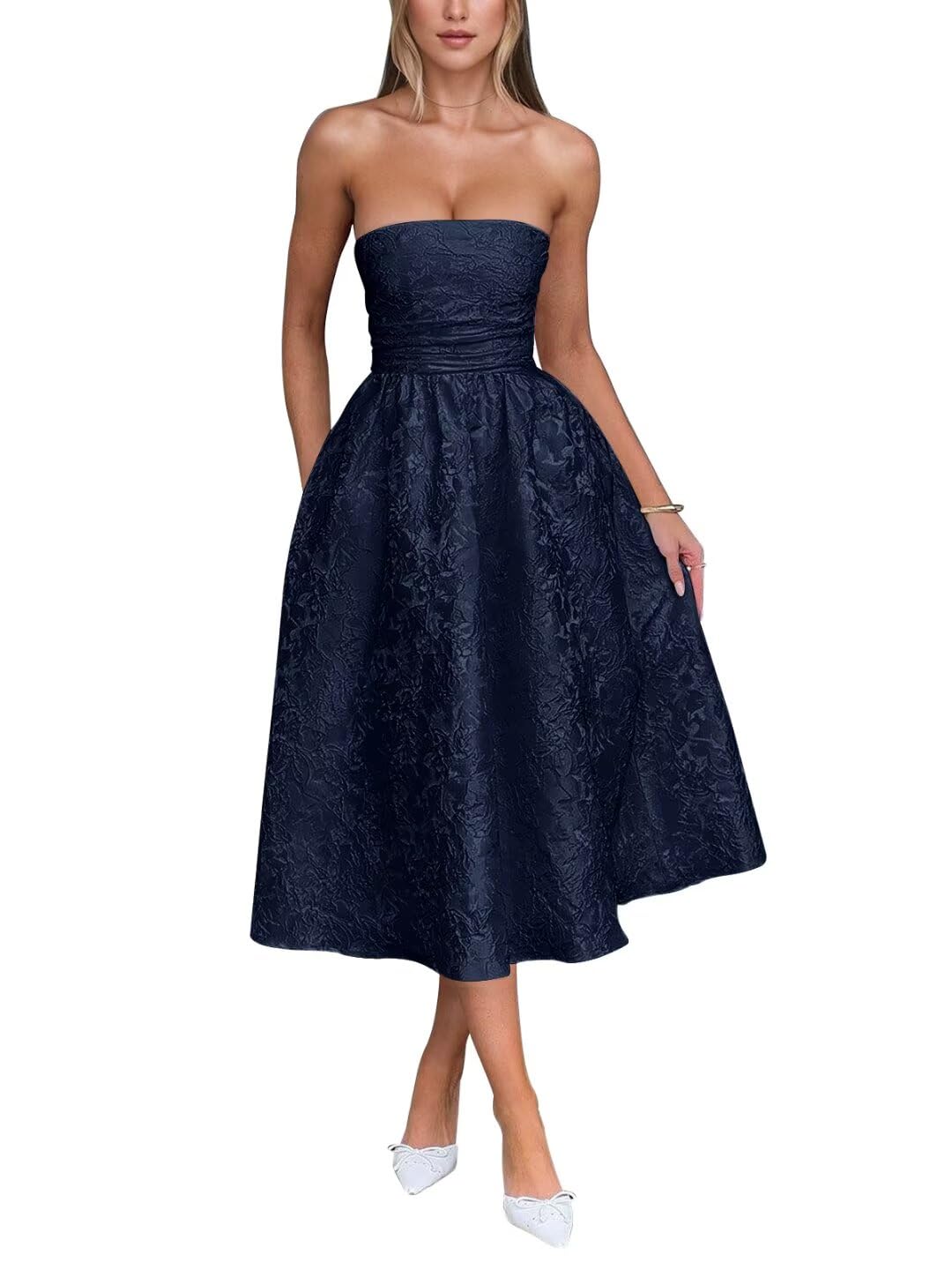 Seabinayed Strapless Jacquard Floral Satin Prom Dresses A Line Corset Midi Homecoming Dress for Teens