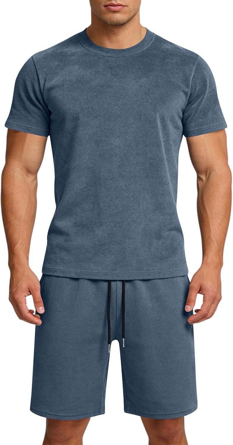 Mens 2 Piece Summer Outfits Short Sleeve Henley Shirt Elastic Drawstring Shorts Set Casual Breathable Vacation Wear