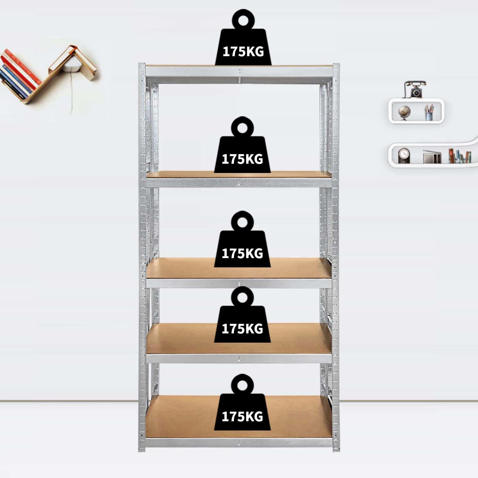 Estantería de metal galvanizado, 180 x 90 x 40 cm, unidad de 5 capas - componentes sin pernos de metal y MDF, estante de almacenamiento para garaje, estante ajustable, fácil de montar, capacidad total