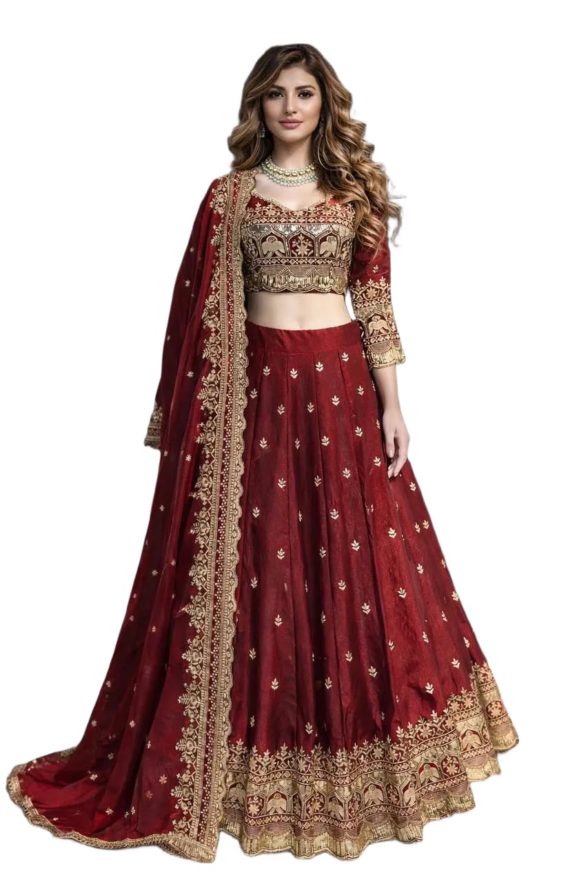 Women Two Tone Fandy Silk Lehenga Choli Set with Dupatta | Front and Back Embroidery Sequins Work Ethnic Outfit | Fully Stitched-image-40