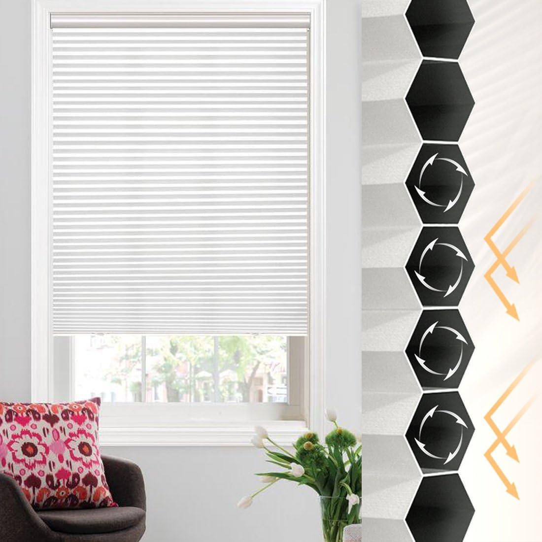 Cellular Shades for Windows,Honeycomb Shades Cordless Insulated Honeycomb Blinds Window Blinds for Family. White, (47''W x 92''H or 119.4cmW x 233.7cmH)