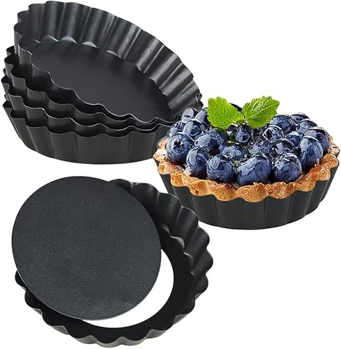 Reyusiee 6 Packs Mini Tart Pan, Removable Bottom, 4 Inch Non-Stick Carbon Steel Quiche Molds for Bakery