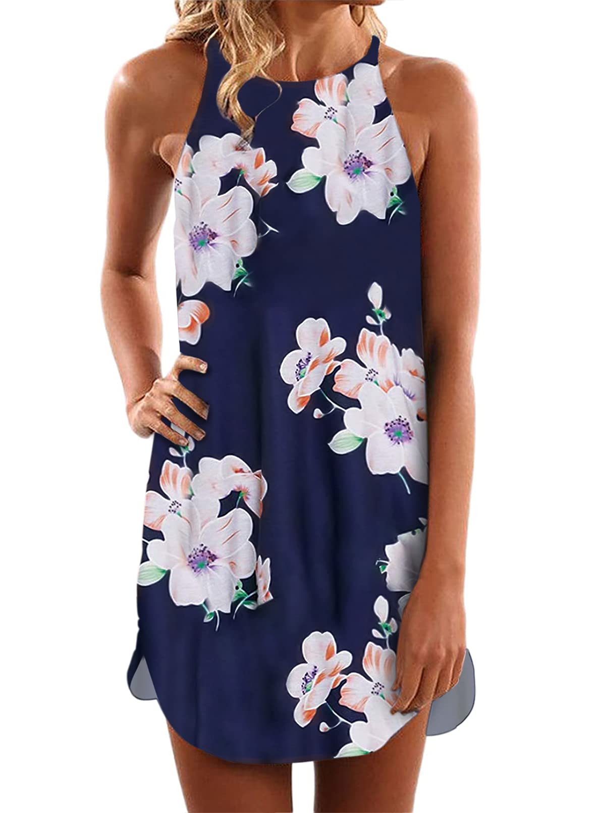 Asvivid Halter Floral Casual Dresses for Women Beach Palm Leaf Sleeveless Short Sundresses
