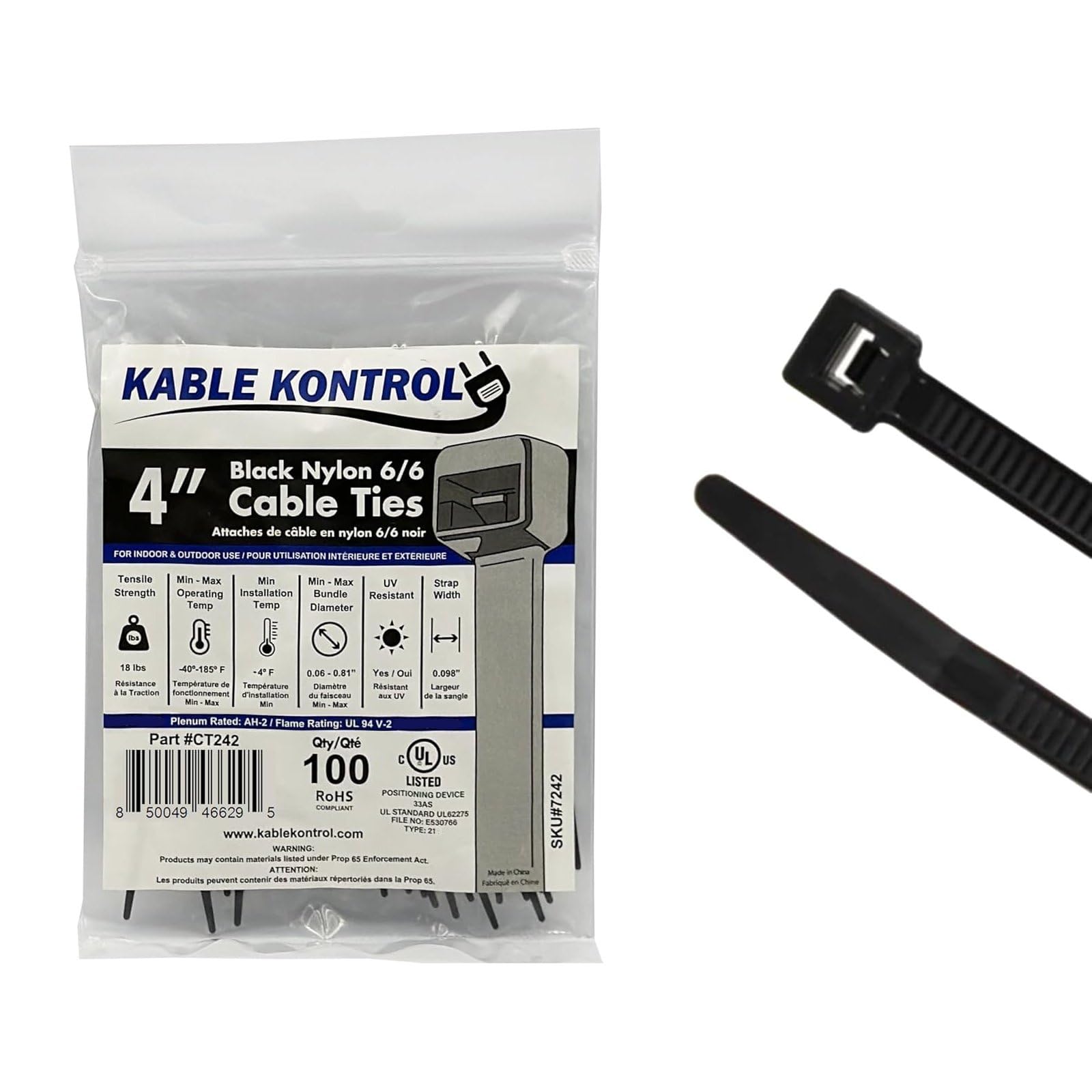 Kable Kontrol Cable Zip Ties 100 Pcs 4 Inch Black, 18 Lbs Tensile Strength, Self-Locking UV Resistant Plastic Nylon Wire Ties, for Indoor or Outdoor Use