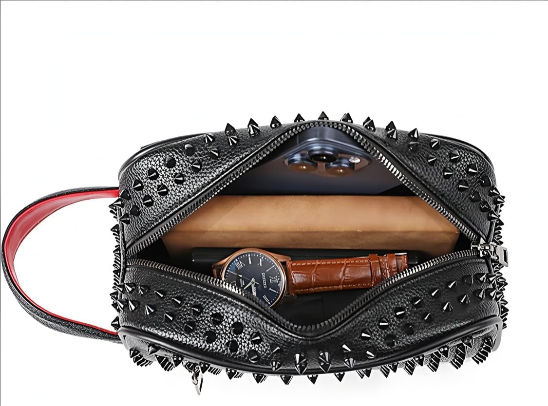 Men's Studded Faux Leather Waist Pack, Material with Metal Spikes, Fashion Crossbody Bag with Zipper (black and red color scheme)
