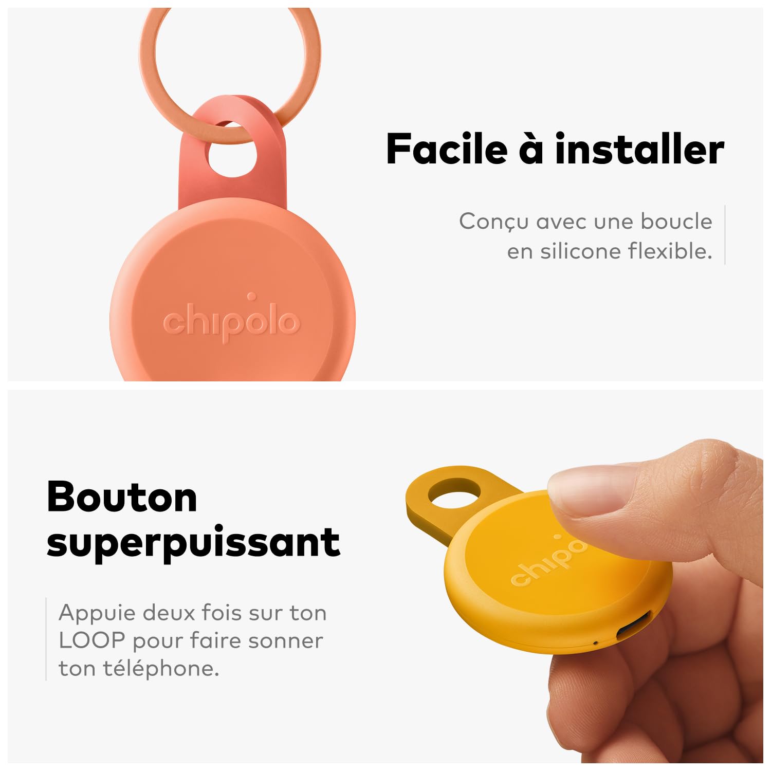 Chipolo LOOP - Tracker Bluetooth rechargeable pour clés et sacs, compatible Apple Localiser ou Google, Fais sonner ton téléphone & alertes hors portée Android