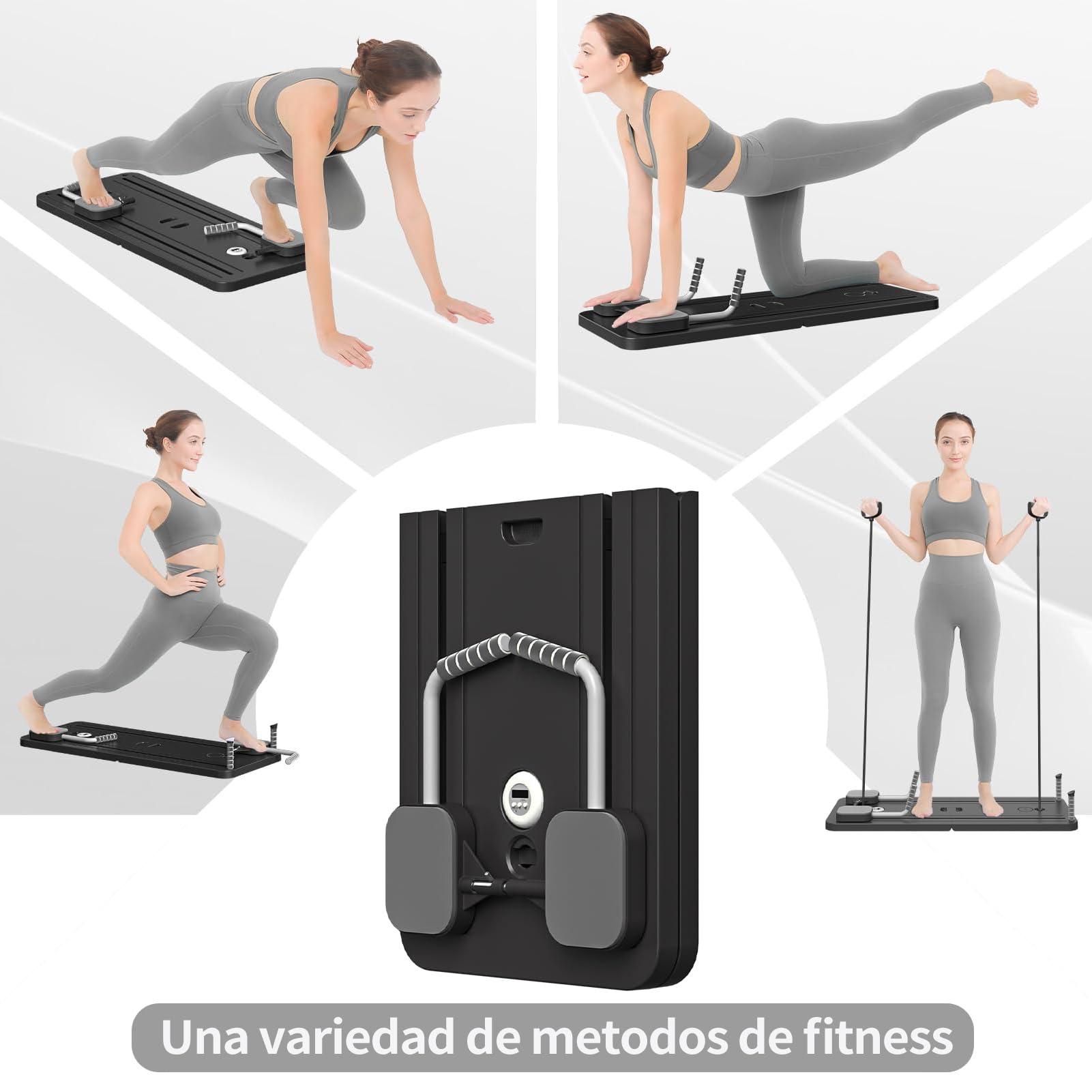 Pilates Reformer 4 en 1 Plegable, con Rodillo Abdominal de Rebote Automático y Contador, Tabla Multifuncional de Entrenamiento con Cuerda de Tensión para Gimnasio en Casa y Cuerpo Completo