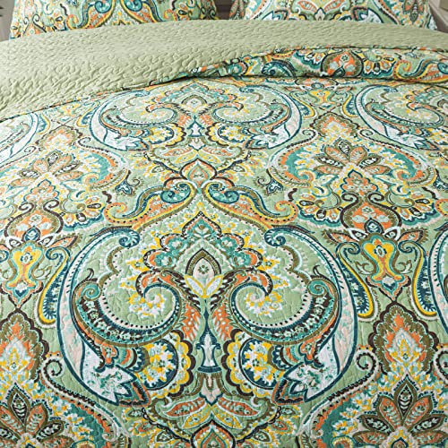 NEWLAKE Cotton Bedspread Quilt Sets-Reversible Patchwork Coverlet Set, European Green Floral Pattern, King Size