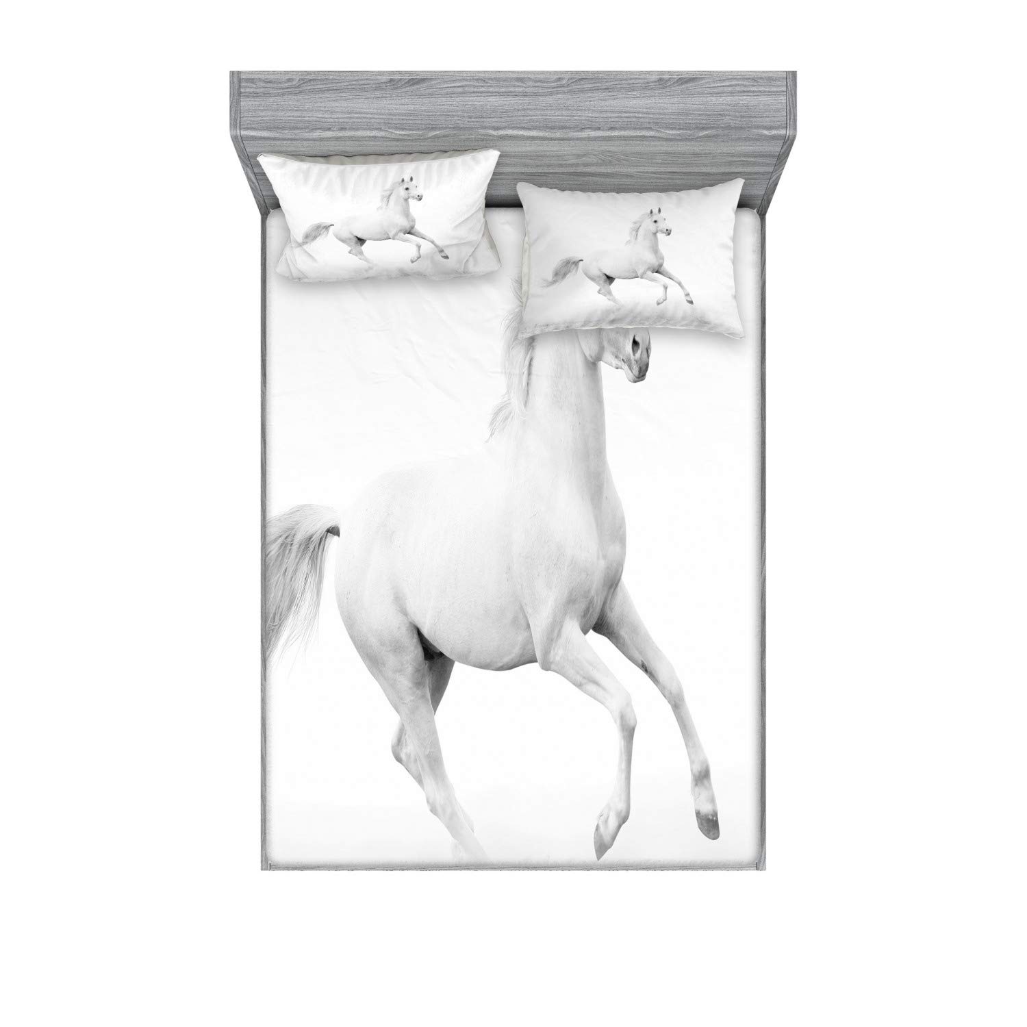 Ambesonne Black and White Fitted Sheet & Pillow Sham Set, White Stallion Running Horse Galloping Motion Speed Print, Decorative Printed 3 Piece Bedding Decor Set, Calking, White and Black