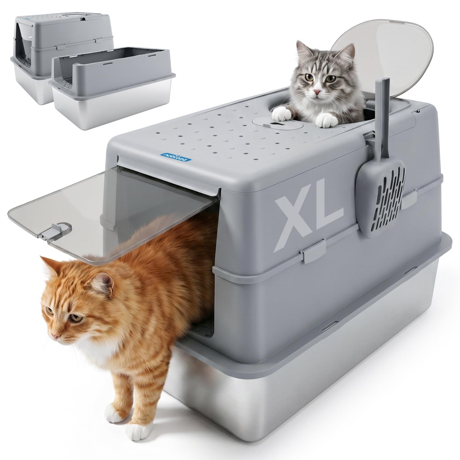 Nobleza Arenero de Acero Inoxidable para Gatos Cerrado - Caja de Arena Anti-Olores con Tapa Abatible 120°, Doble Entrada y Sistema Antifugas, 60x40x43cm, Incluye Pala de Limpieza |