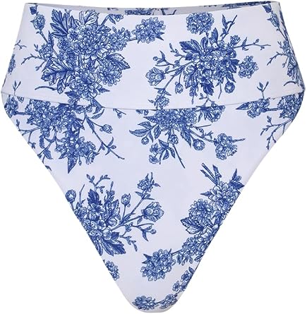 BERLOOK Women's Floral High Cut Wide Waistband Ribbed Tummy Control Coverage Bikini Bottom
