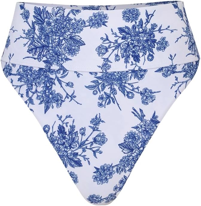 BERLOOK Women's Floral High Cut Wide Waistband Ribbed Tummy Control Coverage Bikini Bottom