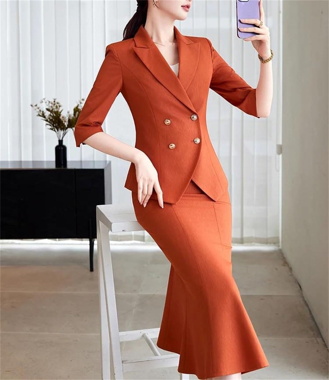Women's Notched Collar Shrug Half Sleeve Double Breasted Coat Mid Calf Trumpet Skirt Patchwork Professional Work Outfit