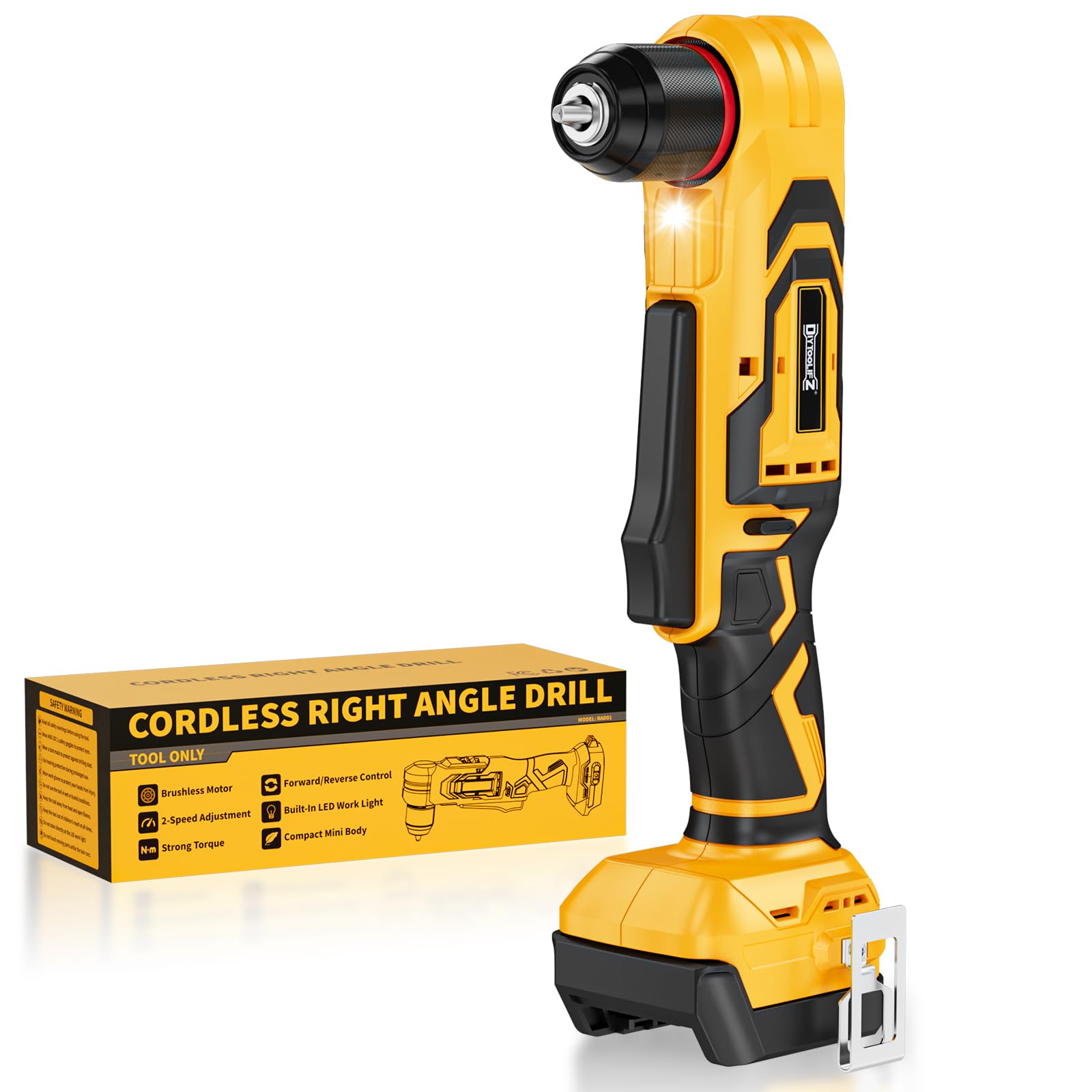 DIYtoolifz Trapano ad angolo retto senza fili compatibile con batteria Dewalt da 20 V, trapano angolare da 1 cm con motore brushless, 45,19 N·m, 2 velocità e luce LED, compatto per spazi ristretti