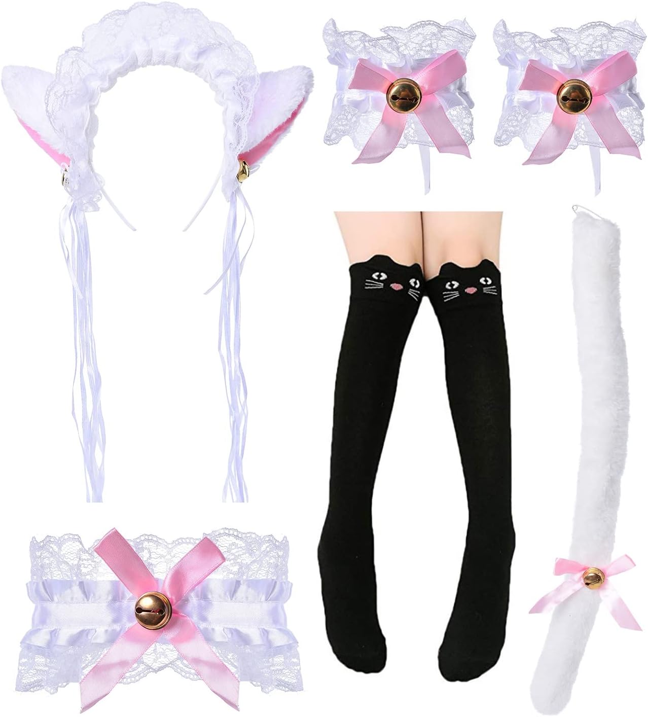 ElibelleCute Cat Cosplay Costume anime maid lolita Ears Headband Collar Bracelet Kitten Tail Socks Set