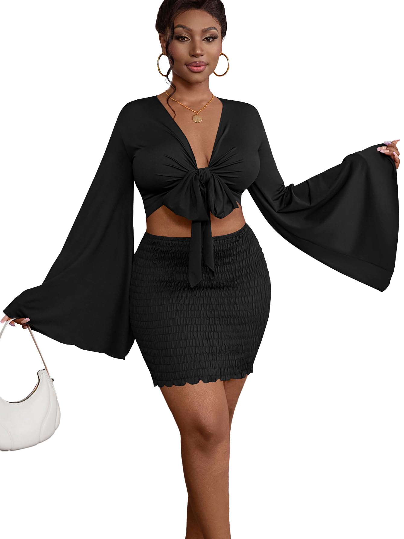 LYANER Women 2 Piece Vacation Outfits Tie Knot Front Bell Long Sleeve Crop Top and Mini Skirt Summer Set