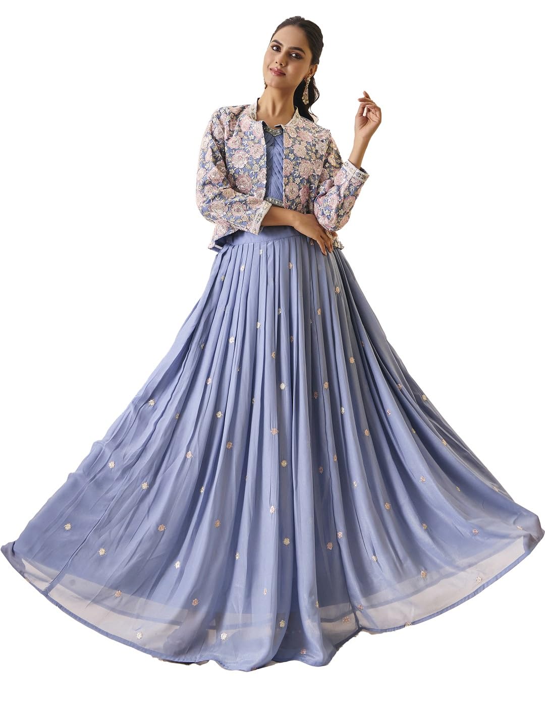 Blue Shimmar Choli Skirt Koti Set for Women | V-Neck Embroidered Indo Western Ethnic Outfit | Lehenga Dress with Jacket | Ethnic Wear Collection(M-2572 Blue)-image-10