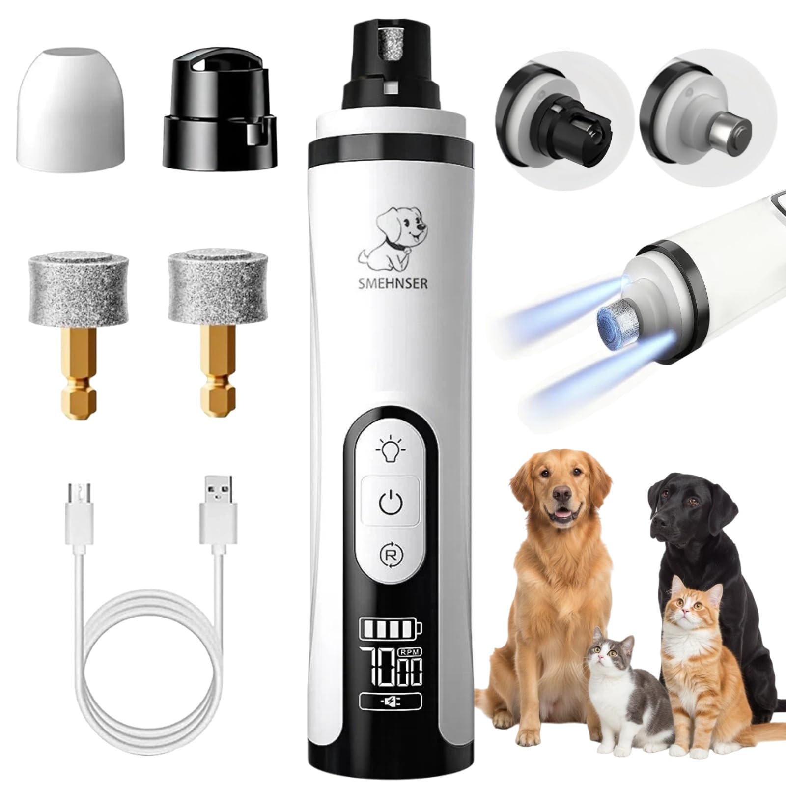 Augonla Silent Pet Nail Grinder with Dual LED Lights & 3 Speeds, USB Rechargeable Cordless Pet Nail Trimmer for Dogs and Cats (1 Set + 2*Replacement Heads)
