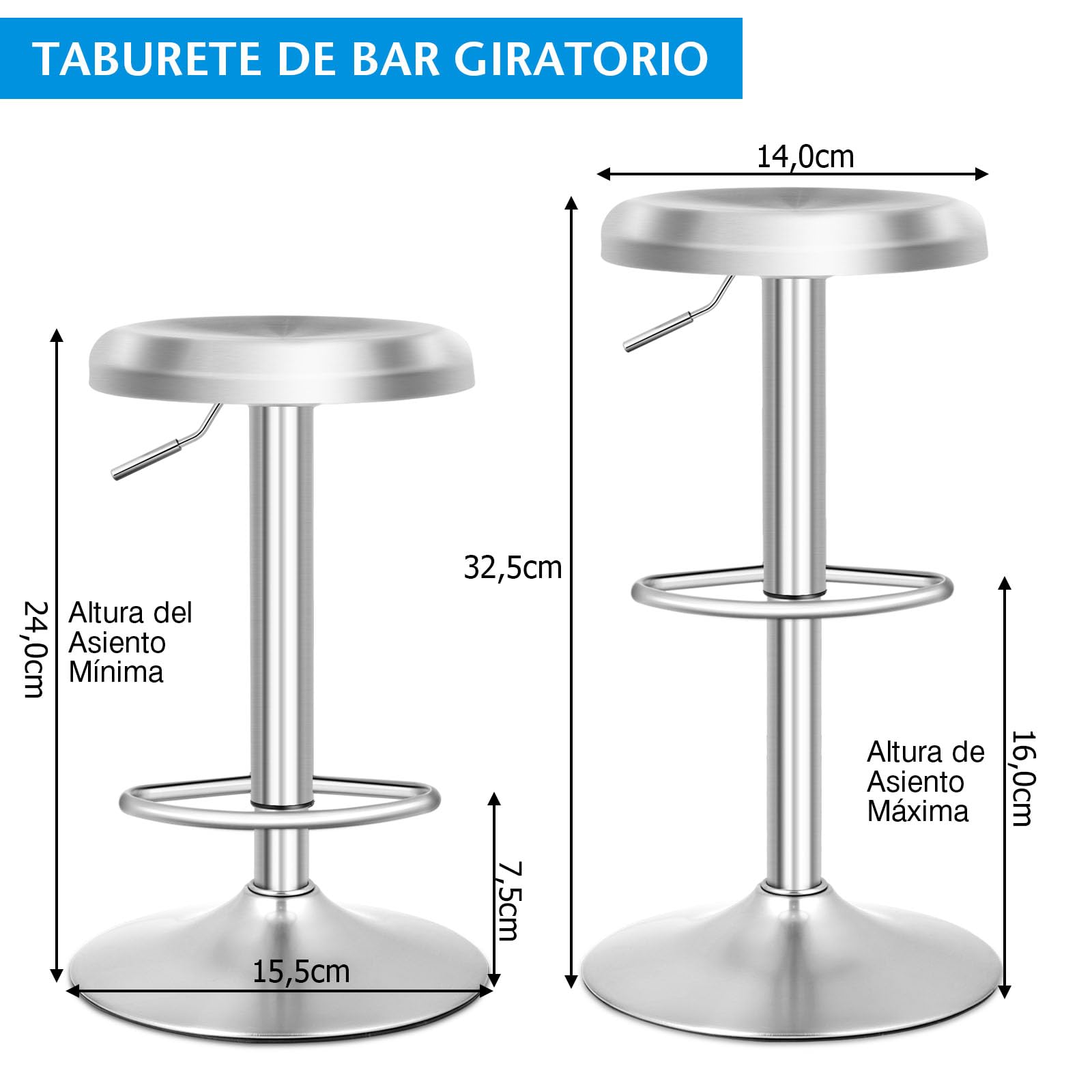 COSTWAY Taburete de Bar Giratorio, Taburete Redonda Ajustable en Altura, Taburete Alto con Reposapiés, Mango y Base Grande, Silla de Barra de Acero Inoxidable para Cocina, Bar, Cafetería