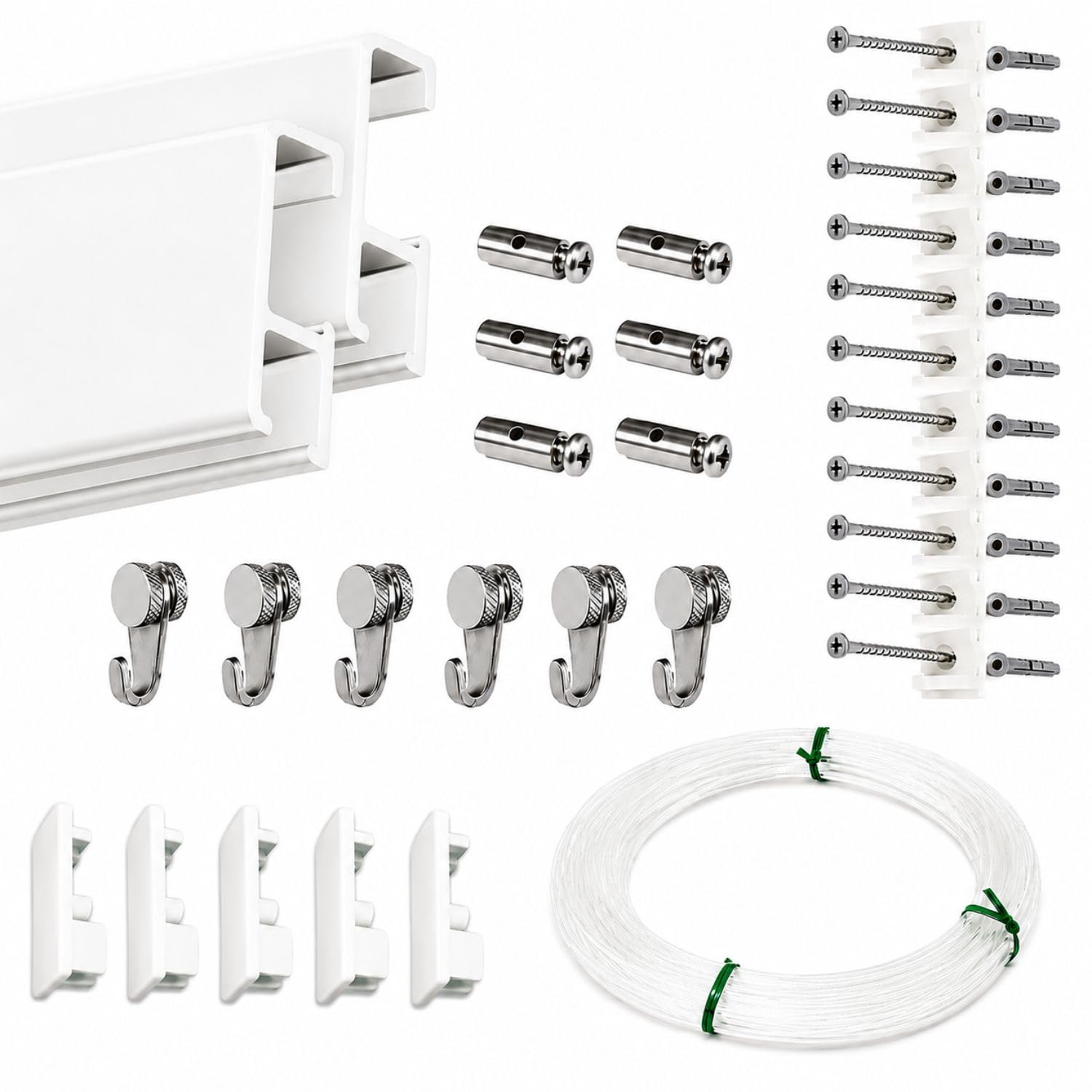 Sistema Riel para colgar Cuadros - Guía de Aluminio Blanca 6 Metros | Riel Ajustable para Cuadros | 6 Colgadores RM con Nylon | Instalación en Pared y Pladur | Tornillos y Tacos