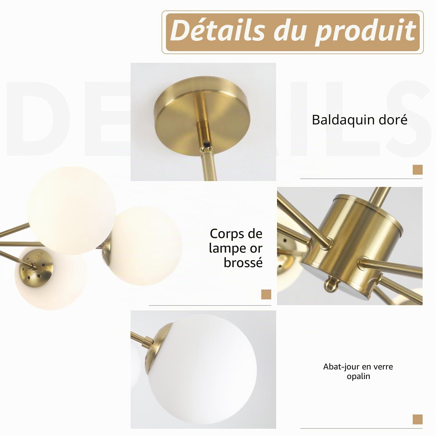 KCO Sputnik Lustre en forme de globe avec abat-jour en verre dépoli moderne en laiton pour cuisine, chambre à coucher (6 lumières)
