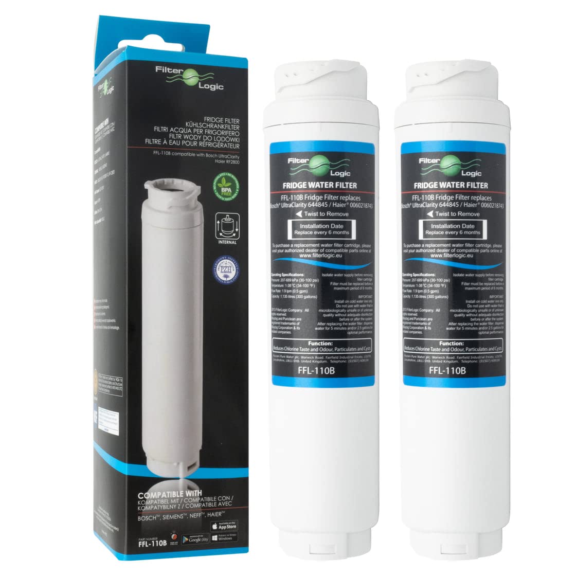 FilterLogic FFL-110B | 2x Filtro de agua compatible con BALAY SIEMENS BOSCH NEFF UltraClarity 11034151 KSZ50UC0 Cartucho filtrante para frigorífico americano Ultra Clarity carbón cativo Water Filter