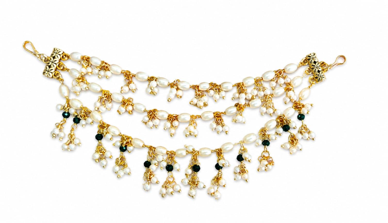 Gold Plated White Pearl & Green Stone Hair Chain for Women | Bridal Head Jewellery | Traditional Hair Accessories for Wedding, Party, Festival & Everyday Wear-image-21