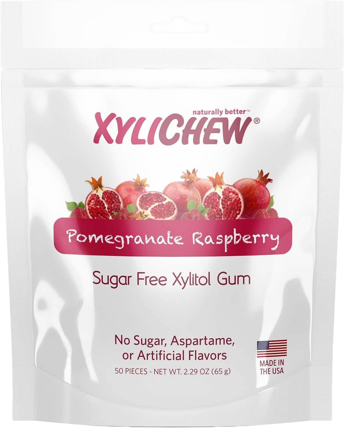 Xylitol Gum - Chewing Gum Sugar Free, Aspartame Free, Gluten Free, Keto - Sugarless, Healthy, Natural Oral Care - Relieves Bad Breath and Dry Mouth - Pomegranate Raspberry, 50 Count