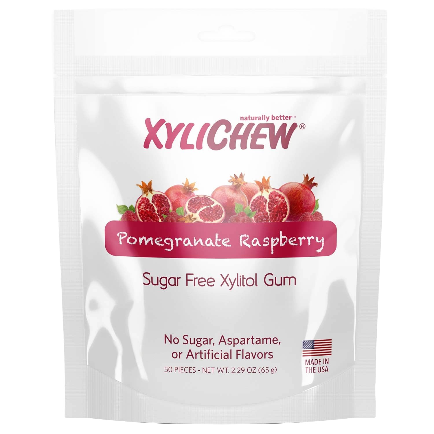 Xylichew 100% Xylitol Chewing Gum - Non GMO, Non Aspartame, Gluten Free, and Sugar Free Gum - Natural Oral Care, Relieves Bad Breath and Dry Mouth - Pomegranate Raspberry, 50 Count