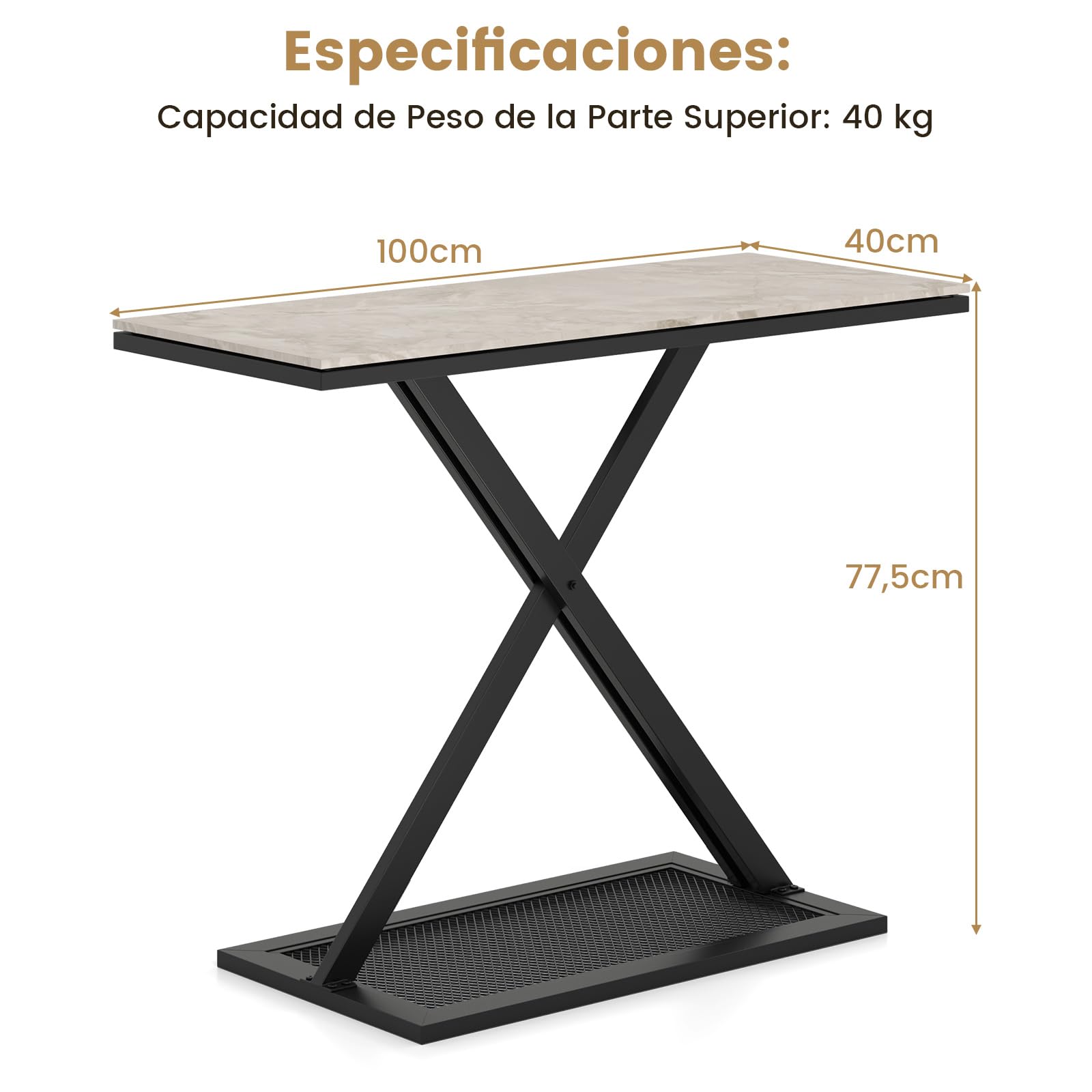 COSTWAY Mesa Consola con Encimera de Mármol, Mesita de Entrada con Marco Metálico, Mesa para Recibidor con Almohadillas Ajustables para Salón, Pasillo, Recibidor, 100 x 40 x 77,5 cm