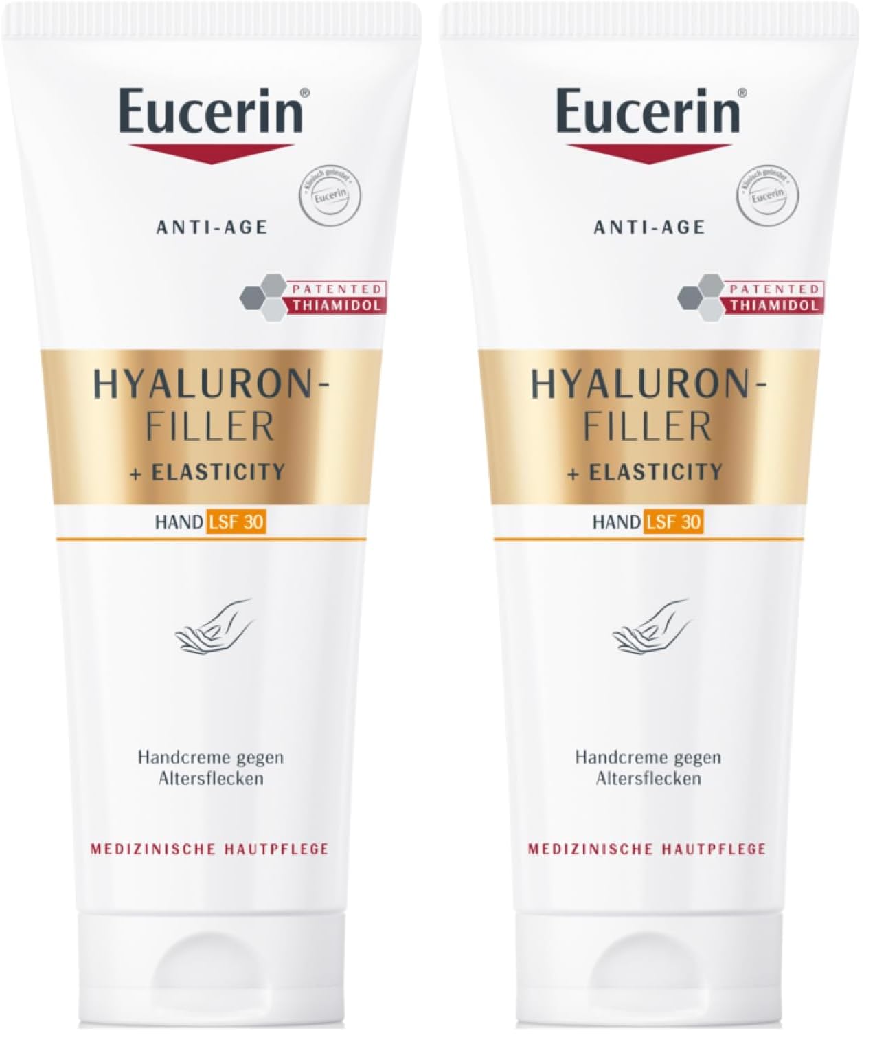 Eucerin Hyaluron-Filler + Elasticity Handcreme gegen Altersflecken LSF 30 75 ml, Anti-Aging Hautpflege für die Hände, Lotion mit Thiamidol, Hyaluronsäure und Arctiin (Packung mit 2)
