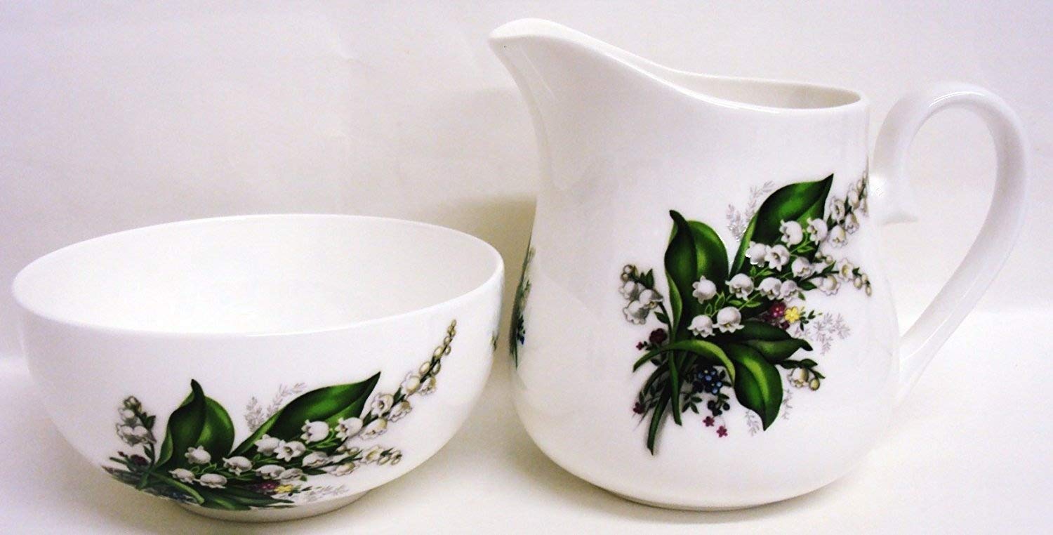 Fromeuropewithlove White Lily Of The Valley Cream/Milk Jug And Sugar Pot Fine Bone China Tea Matching Set Hand Decorated Uk