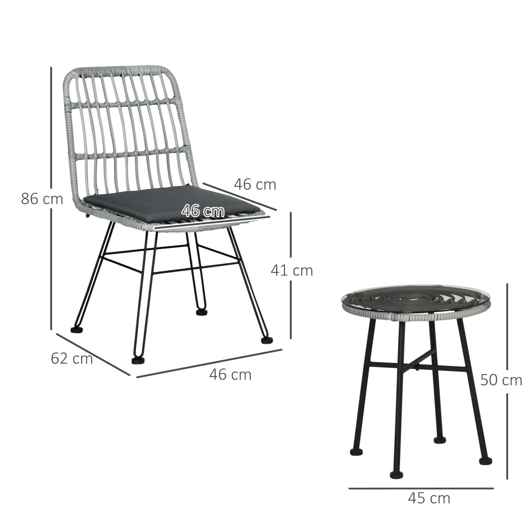 Outsunny Set di Tavolo e Sedie da Giardino da 3 Pezzi in Rattan PE e Acciaio, Set Bistrò da Giardino con Tavolino da Caffè con Piano in Vetro e 2 Sedie, per Balcone Patio Cortile Esterno, Grigio
