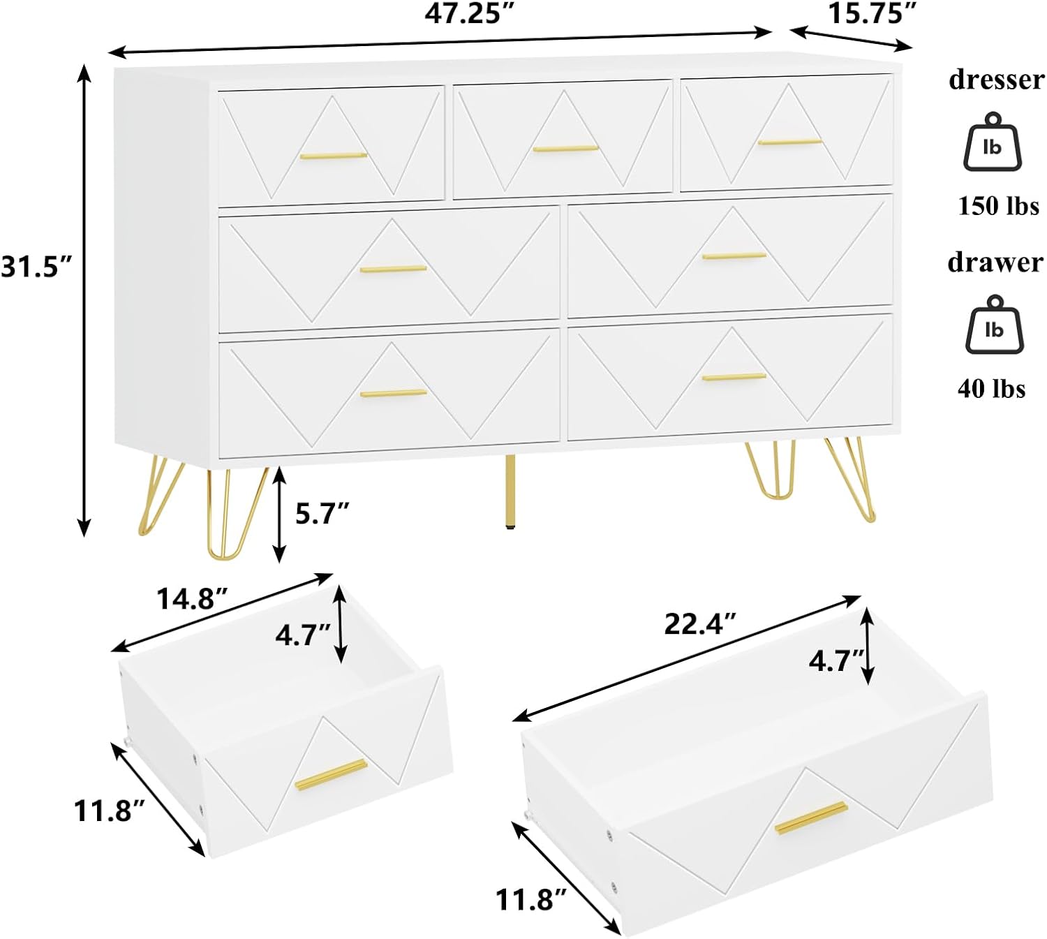 7 Drawers Dresser for Bedroom, White with Golden Legs & Handles, Wooden Chest of Drawer, Modern Dresser for Living Room, Hallway, Nursery - Image 2