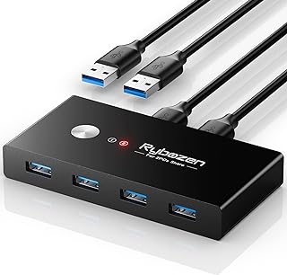 Rybozen USB 3.0 Switch Selector,KVM Switch Adapter 2 Computer Sharing 4 USB Devices, Peripheral Hub Box for Mouse Keyboard Scanner Printer PC, with One Button Swapping and 2 Pack USB 3.0 Cable