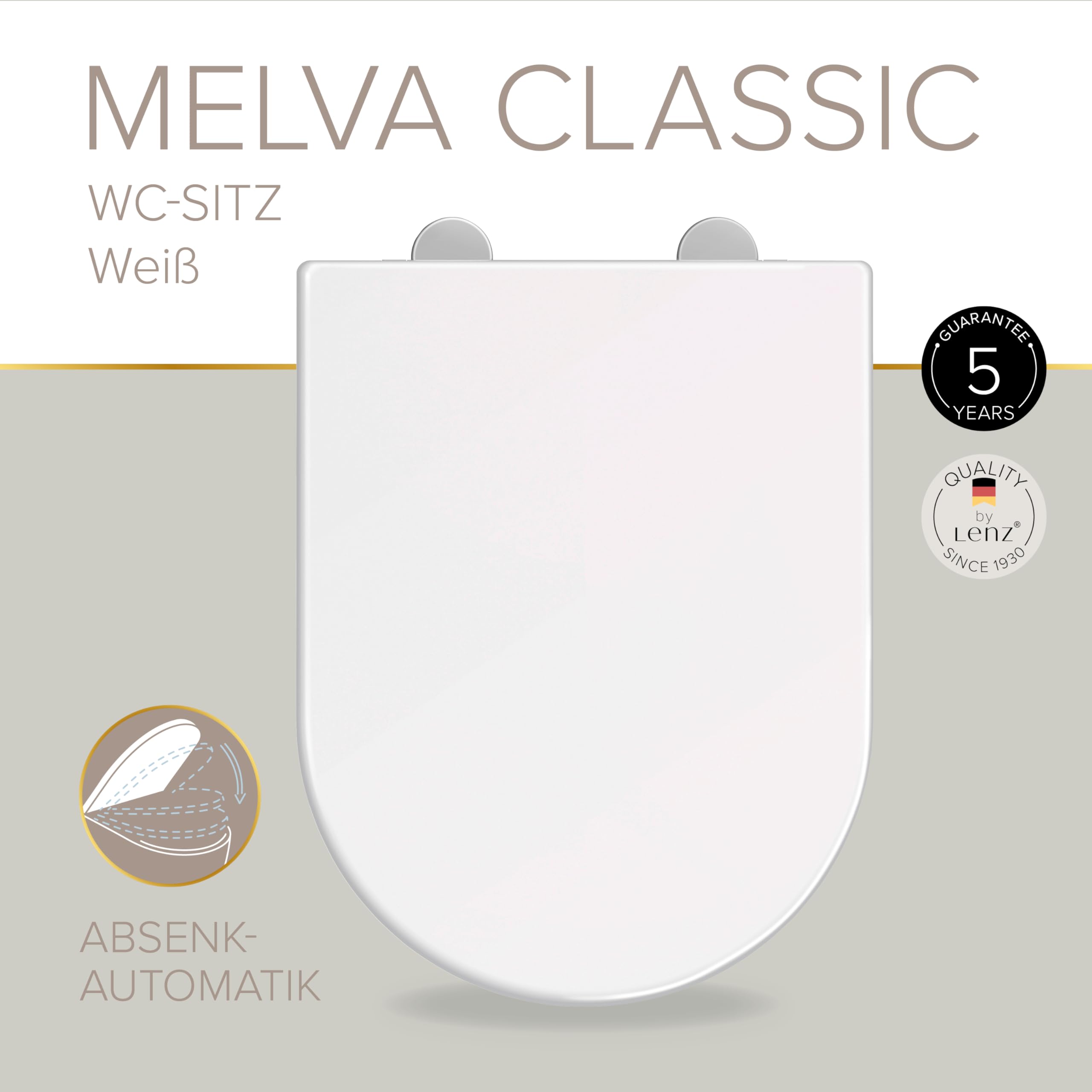Lenz MELVA Classic 41040261 - Asiento para inodoro (forma de D, cierre suave, extraíble para limpieza, superficie higiénica, montaje desde arriba)