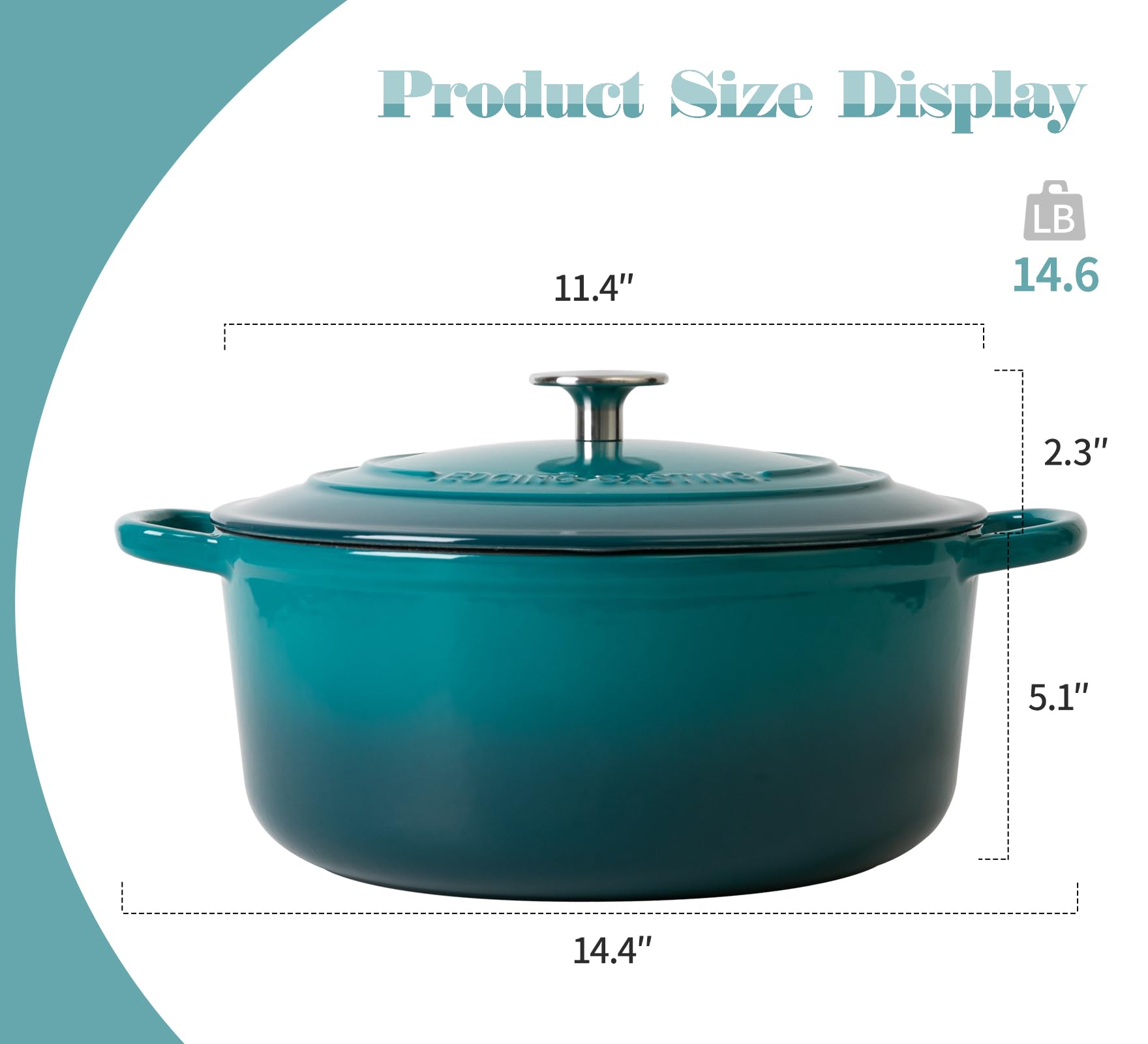 EDGING CASTING Olla holandesa de hierro fundido esmaltado con tapa para hornear pan, cocinar, horno redondo de pan con asas dobles, 7 cuartos de galón, cian oscuro