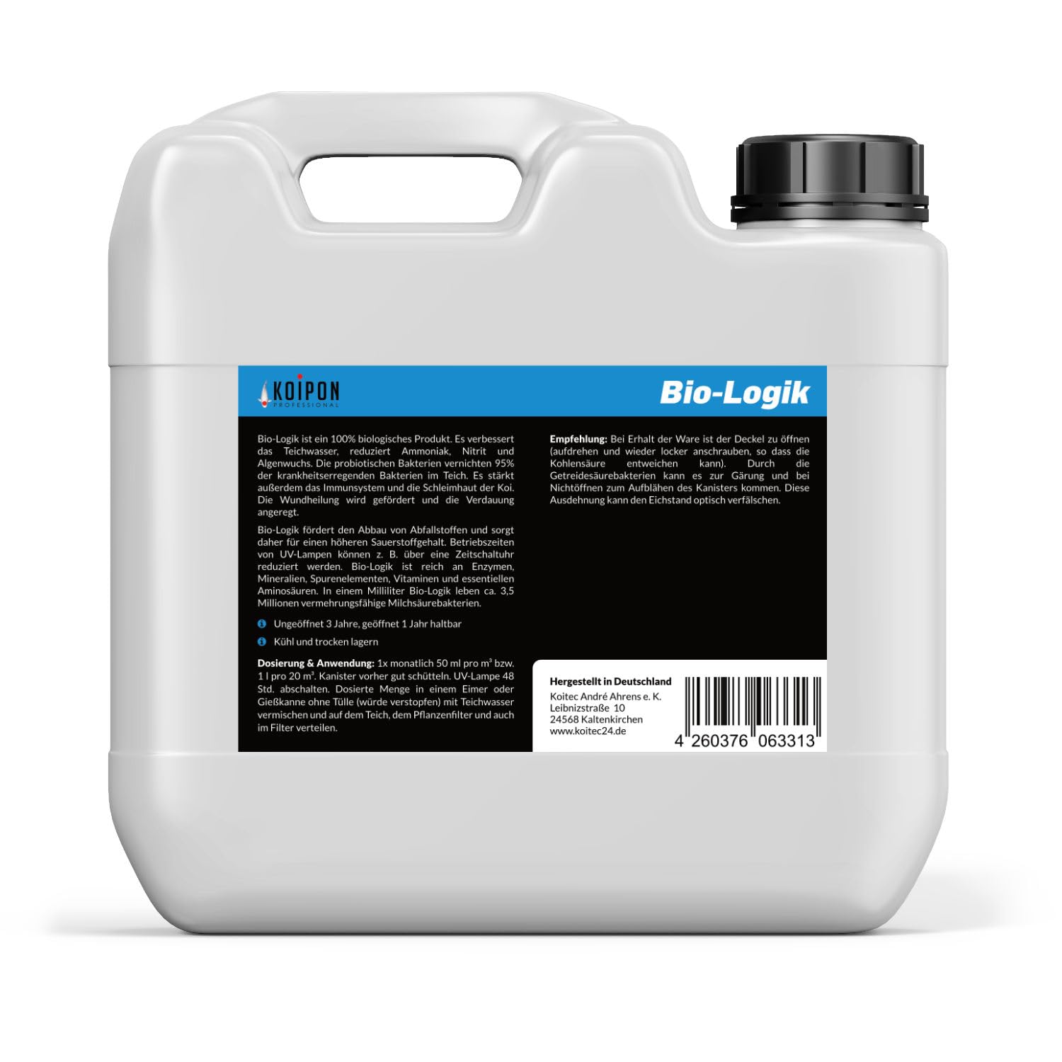 KOIPON Bio-Logik, Teich Milchsäurebakterien 5 l, Teich Bakterien zur Teichpflege vom Gartenteich & Fischteich | Reduziert Ammoniak, Nitrit und Algenwuchs