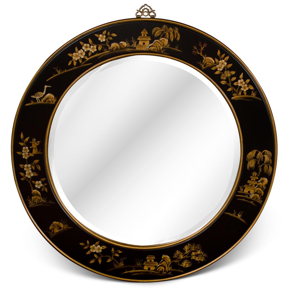 Black Lacquer Chinoiserie Scenery Motif Oriental Round Mirror product thumbnail 2