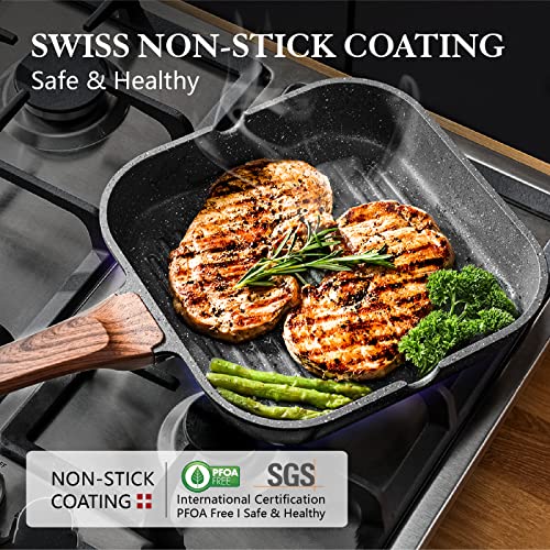 Sensarte Nonstick Grill Pan For Stove Tops, Versatile Griddle Pan With Pour Spouts, Square Grill Pan For Big Cooking Surface, Durable Grill Skillet For Indoor & Outdoor Grilling. Pfoa Free, 11 Inch #TOP3