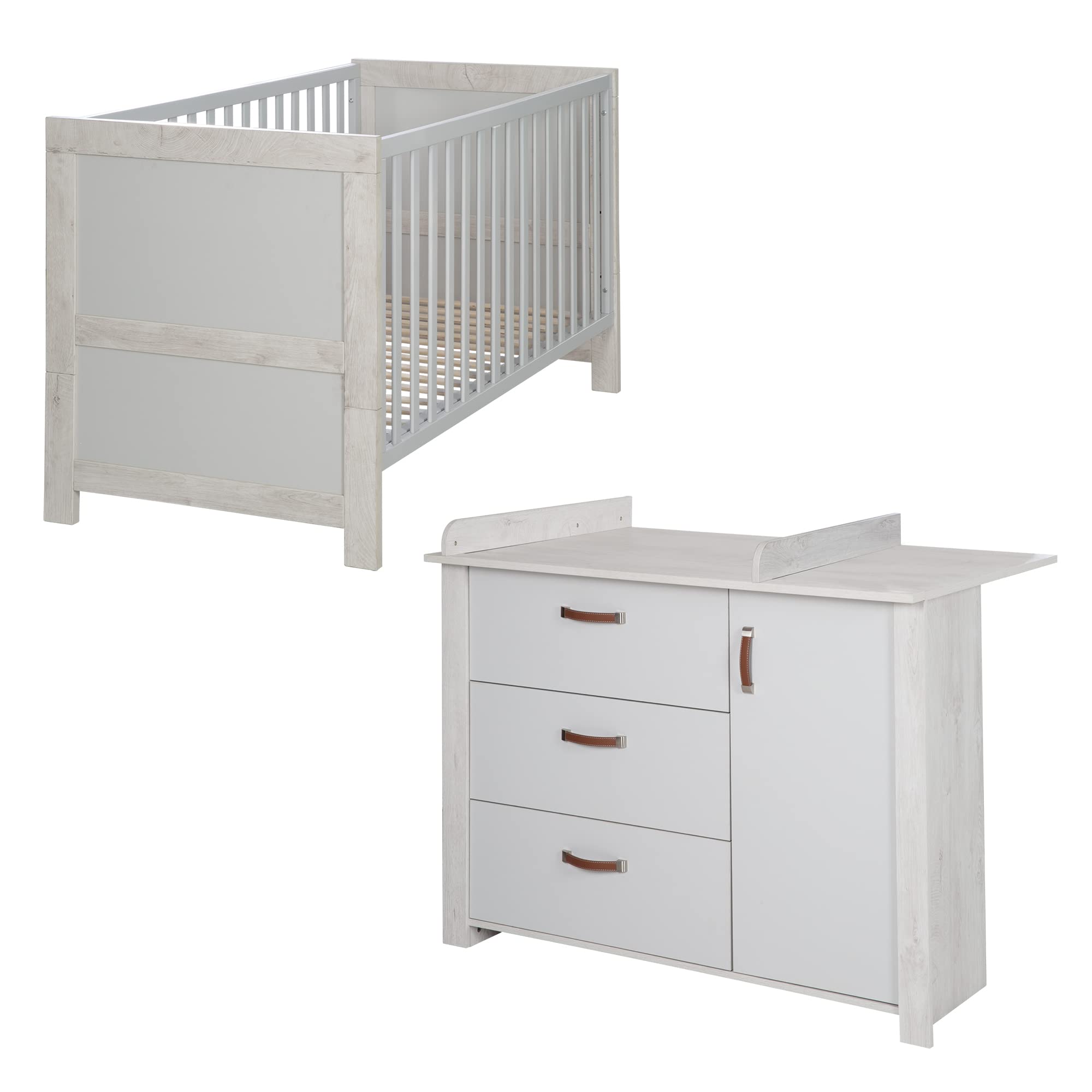 roba Chambre Bébé Duo Mila - 2 Pièces - Lit Évolutif 70 x 140 cm + Commode à Langer - Chambre d'Enfant Moderne - Gris Clair / Chêne Blanchi