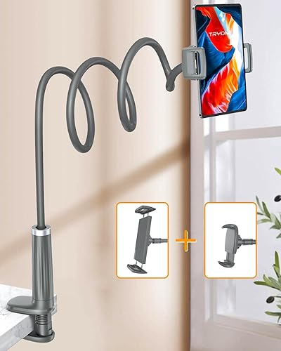 Miniatura 7 de Soporte para teléfono con cuello de cisne para tableta base giratoria, brazo flexible ajustable con 2 clips, soporte para tableta compatible con