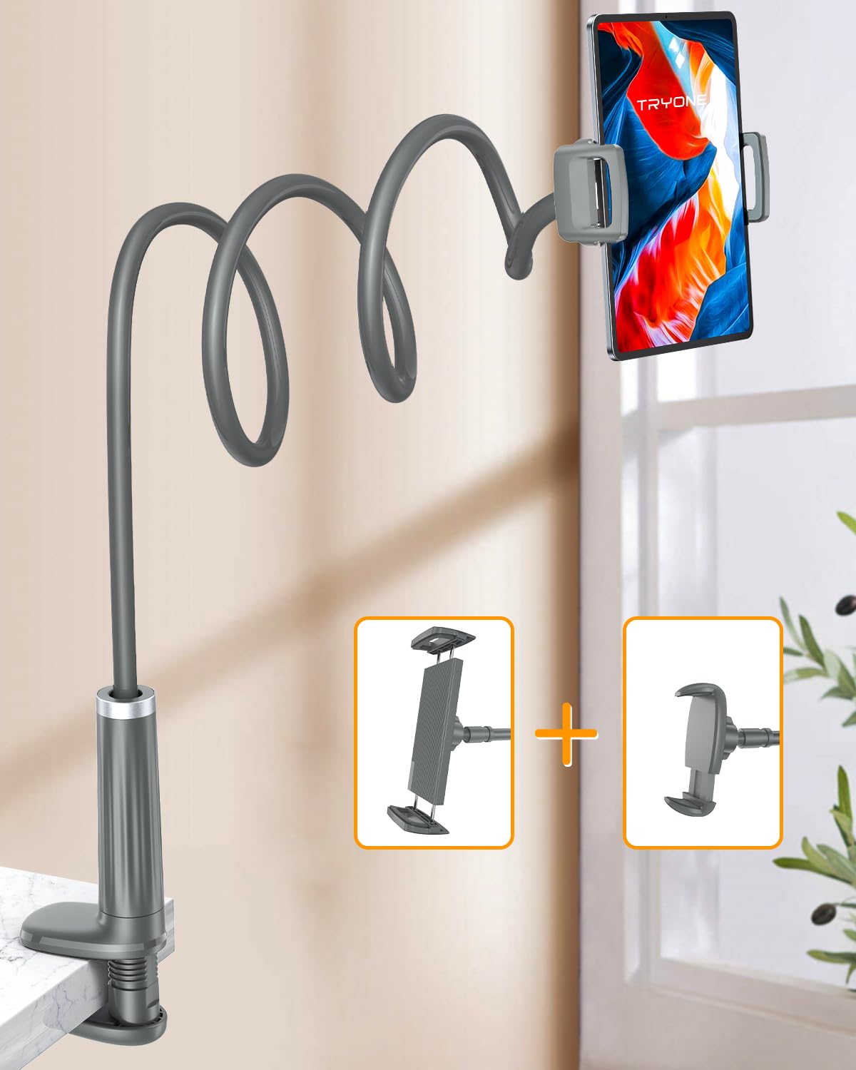 Gooseneck Phone Holder Tablet Stand for Bed: [Swivel Base] Flexible Lazy Arm with [2 in 1] Phone Tablet Holder Mount Compatible iPad Pro Air Mini | Kindle | Switch or Other 4-13" Device