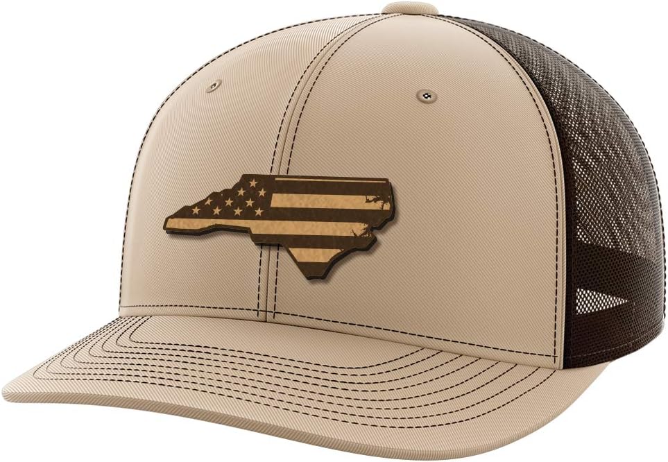Greater Half North Carolina Leather Patch Trucker Hat – USA Made Adjustable Snapback Mesh Cap – United – 6-Panel Mid Profile