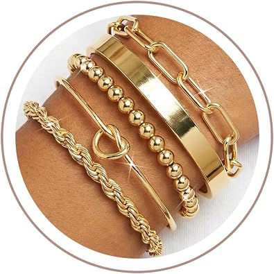 PLOMFOV Gold Bracelets for Women Stack Non Tarnish 14K Gold Plated Chunky Gold Bangles Bracelet Set Beaded Paperclip Chain Cuban Link Dainty Trendy Waterproof Stackable Cuff Bracelets Jewelry Gifts for Women