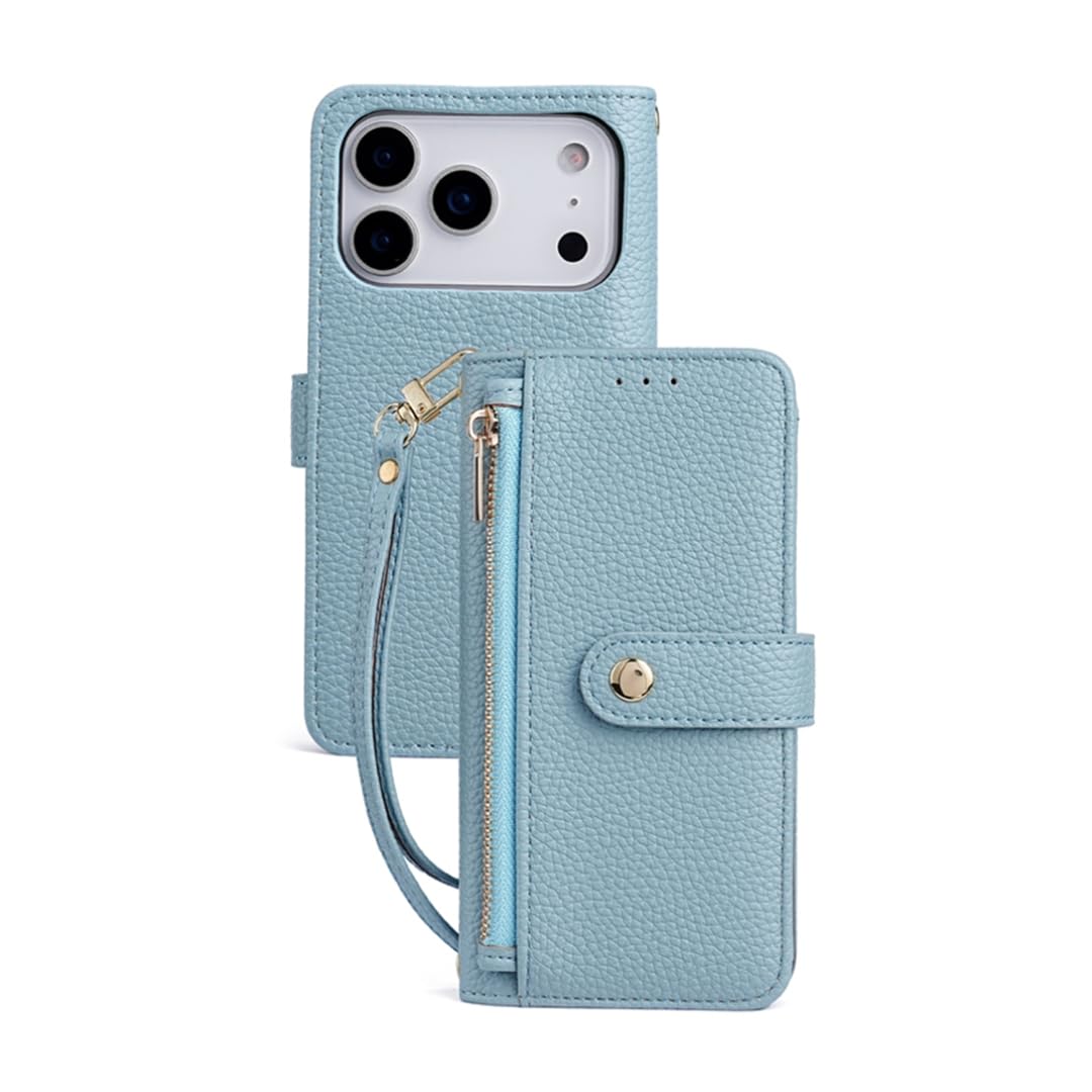 Etui typu crossbody z portfelem, paskiem ochronnym i podpórką, skórzanym etui na karty i gotówkę (do iPhone'a 15 Pro/błękit nieba)