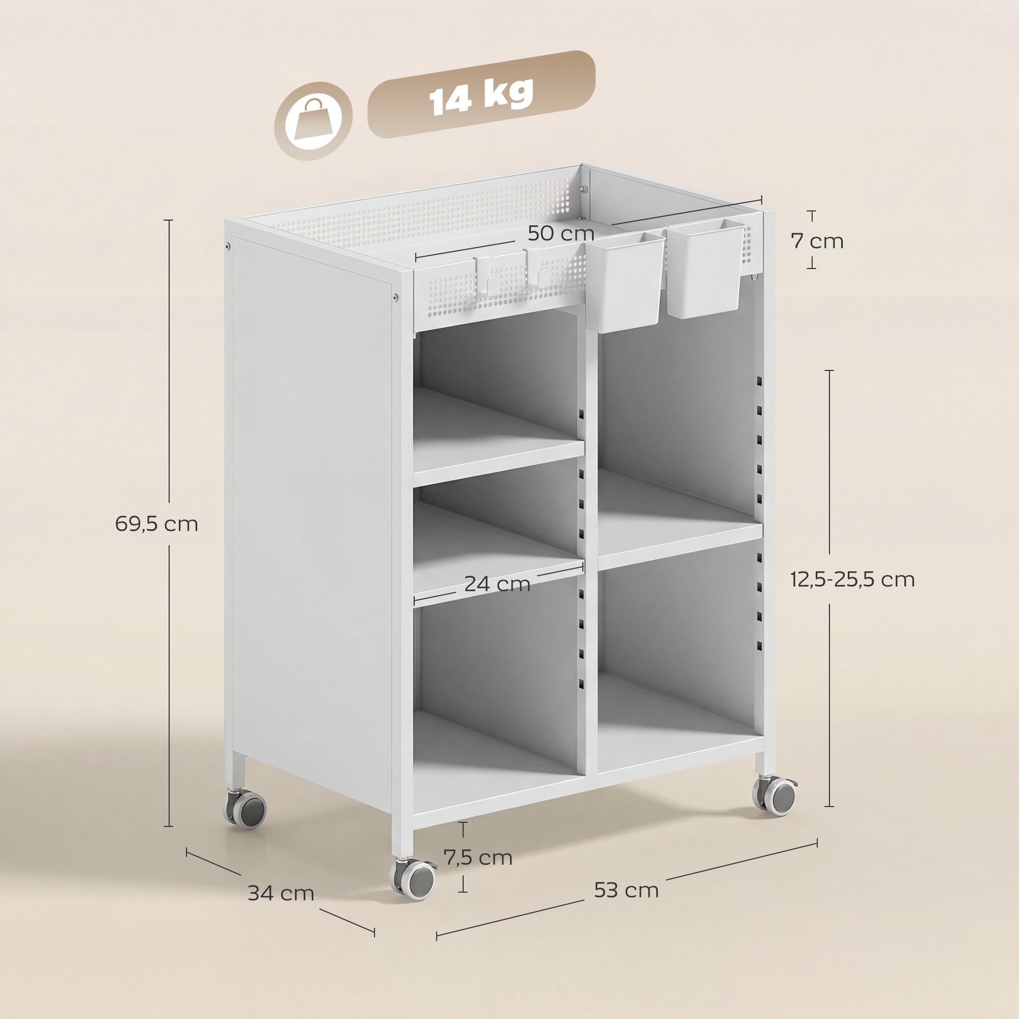HOMCOM Bücherregal mit Rollen, Bücherwagen mit 4 Ebenen, oberem Aufbewahrungskorb, verstellbaren Regalen, Rollwagen für Zuhause, Wohnzimmer, Büro, Weiß