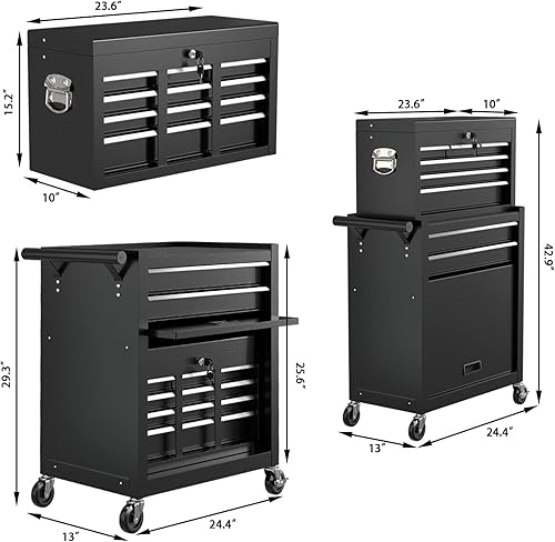 Miniatura 3 de Cofre de herramientas de alta capacidad de 8 cajones con 4 ruedas, caja de herramientas con cerradura y armario de almacenamiento de herramientas,